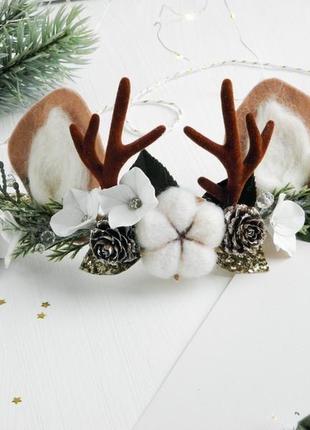 Вушка і ріжки оленятка з бавовною новорічний вінок для дівчинки обручик пов'язка для фотосесії3 фото