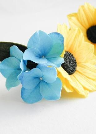 Жовто блакитні заколки з квітами соняхи гортензія заколочки для волосся4 фото