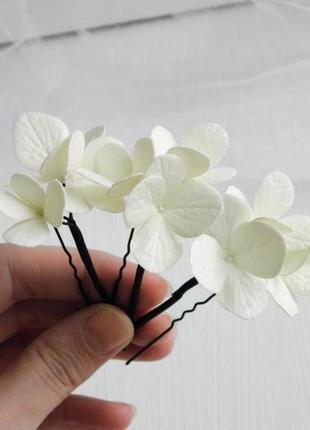 Шпильки з молочними гортензіями весільні шпильки для волосся з квітами8 фото