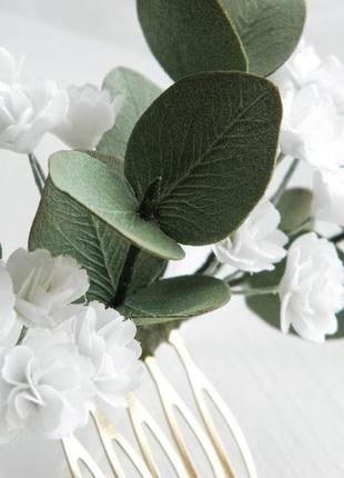 Гребінець для волосся з евкаліптом та квітами весільний гребінь з гіпсофілою6 фото