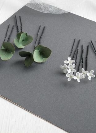 Шпильки для волосся з білими квітами та евкаліптом весільні шпильки3 фото