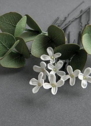 Шпильки для волосся з білими квітами та евкаліптом весільні шпильки4 фото