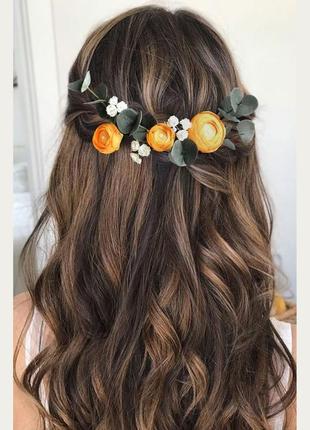 Шпильки для волосся з помаранчевими квітами та евкаліптом весільні шпильки2 фото