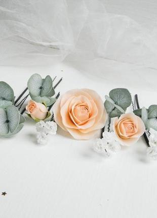 Набір шпильок для волосся з квітами та евкаліптом персикові шпильки з трояндами2 фото