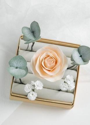 Набір шпильок для волосся з квітами та евкаліптом персикові шпильки з трояндами