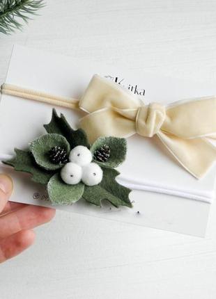 Повязки для девочки молочный бантик остролист белый и зеленый