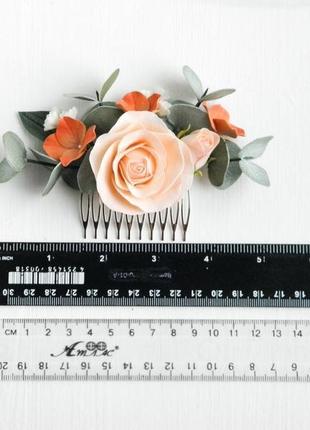 Гребінець для волосся з трояндою персиковий весільний гребінь з квітами6 фото