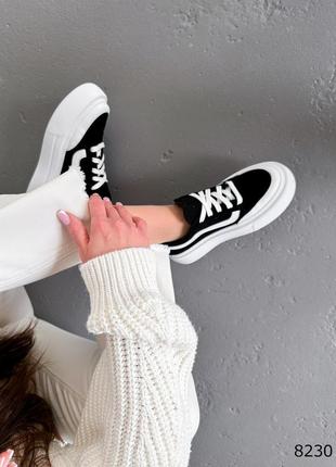 Черные черно белые натуральные замшевые кожаные кроссовки кеды с белой полоской на белой толстой подошве с белым носком замш9 фото
