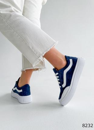 Синие джинсовые натуральные замшевые кожаные кроссовки кеды с белой полоской на белой толстой подошве с белым носком замш5 фото