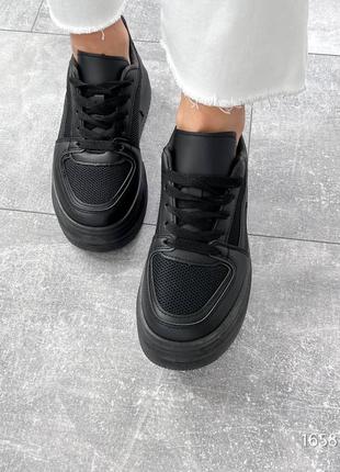 Черные женские кроссовки кеды с сеткой на высокой подошве утолщенной6 фото