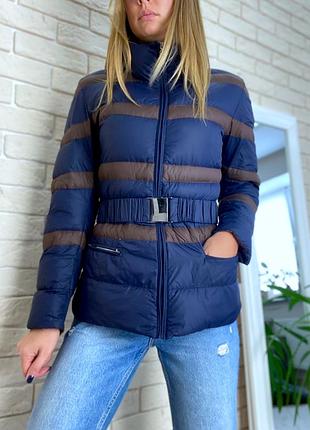 Синій коричневий пуховик під пояс курточка демісезонна