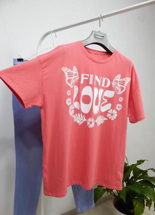 Коралловая футболка с принтом надписью свободного кроя оверсайз сток бренд