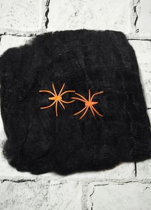 Павутина чорна з помаранчевими павучками, декор на хеллоуїн, 20 г