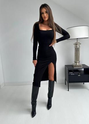 Облегающее платье черная длины миди длинные рукава вырез на ноге2 фото