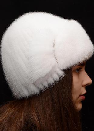 Зимняя белая норковая шапка3 фото