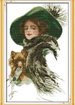 Набір для вишивання за нанесеною на канву схемою "lady with a pet".aida 14ct printed , 28*41 см