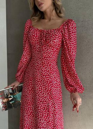 Червона сукня міді в квітковий принт 💕 жіночна сукня з довгим рукавом 💕 сукня міді з розрізом 💕 легка сукня софт