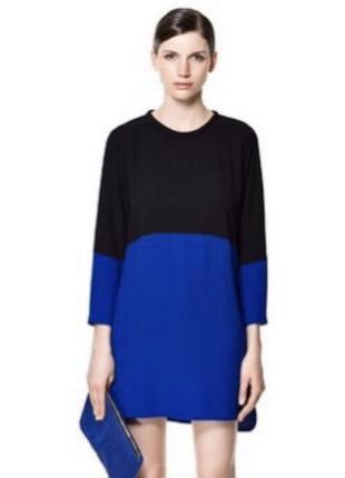 Zara платье двухцветное черное синее с карманами платье туника мини колорблок 2