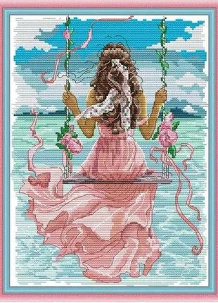 Набір для вишивання хрестиком "дівчина та морський пейзаж" (з малюнком на канві) (розмір 27 x 34 см)1 фото