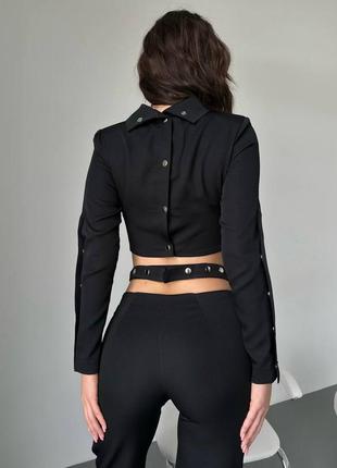 Костюм жіночий однотонний укорочена кофта з коміром штани вільного крою на високій посадці якісний трендовий чорний лате8 фото