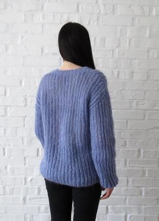 Блакитний светр в'язаний, жіночий светр з мохеру, пулловер з листочками4 фото