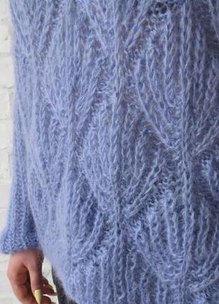 Блакитний светр в'язаний, жіночий светр з мохеру, пулловер з листочками7 фото