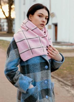Розовый вязаный шарф в клетку, женский шарф на осень зиму, подарок для девушки женщины