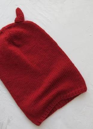 Червона шапка з рогами на хеллоуїн, шапка біні в'язана, шапка дъявола чортеня4 фото