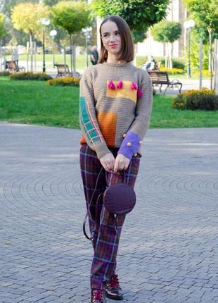 Модний вязаний светр в стилі колор блок, теплий зимовий светр з вовни альпака і мериноса4 фото