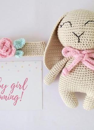 Іграшка зайчик і квіткова пов'язка на голову. подарунок для дівчинки. для фотосесії новонароджених2 фото