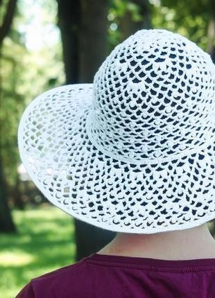 Капелюх вязаний ажурний  широкими полями, капелюшок з бавовни жіночий літній3 фото