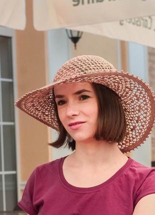 Капелюх вязаний ажурний  широкими полями, капелюшок з бавовни жіночий літній4 фото