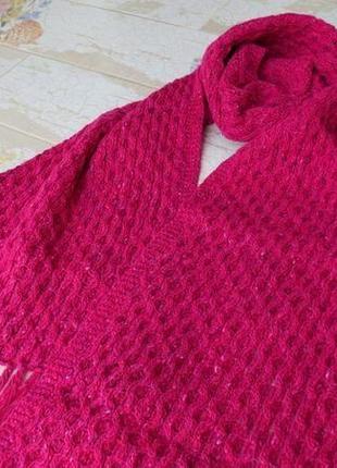 Шерстяной твидовый шарф вязаный ярко-розовый малиновый шарф ручной работы с бахромой подарок девушке6 фото