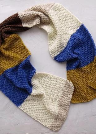 Шарф вязаный весенний для девушки, парня, унисекс, шарф синий желтый коричневый подарок в наличии