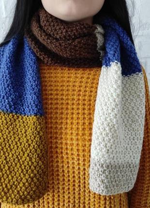 Шарф вязаный весенний для девушки, парня, унисекс, шарф синий желтый коричневый подарок в наличии3 фото