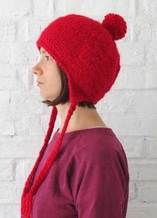Червона шапка з вушками вязана зимова шапка з помпоном для сноуборду, шапка для дівчини2 фото