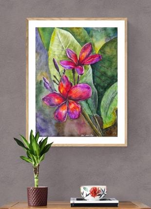 Тропические цветы франжипани картина акварелью. подарок на новоселье, годовщину, юбилей4 фото