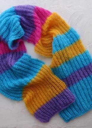 Яркий вязаный шарф из мохера. теплый зимний шарф. подарок девушке женщине на новый год