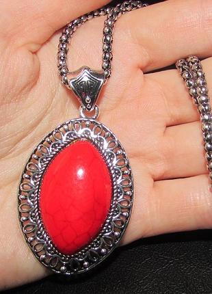 Винтажный стиль - красная подвеска на цепи с кораллом, 5632-2