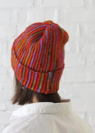 Яркая вязаная шапка для девушки из шерсти мериноса, оранжевая шапка с отворотом женская4 фото