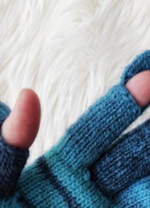 Рукавички в'язані сині смугасті із відкритими пальцями для телефону. подарунок дівчині жінці перчат5 фото