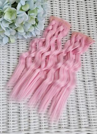 Волосся для ляльок 25 см 1 кіска хвилясті рожевий колір1 фото