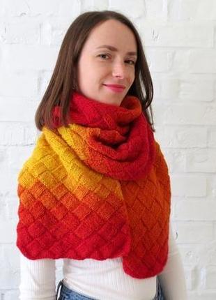 Теплий шарф із вовни на зиму червоний жовтий. подарунок дівчині жінці сестрі подрузі мамі7 фото