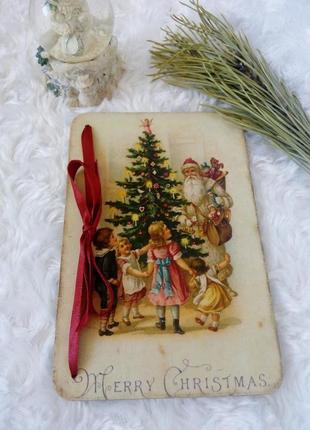 Різдвяна новорічна листівка у вінтажному стилі на дерев'яній основі3 фото