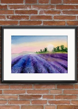 Акварель поле лаванды на закате