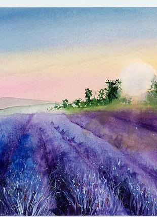 Акварель поле лаванды на закате