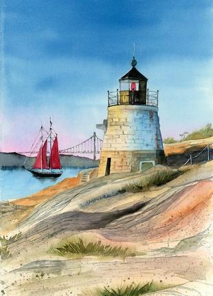Акварель маяк і яхта з червоними вітрилами