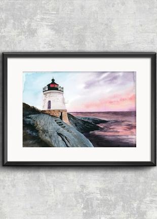 Акварель маяк на фоне розового неба на закате