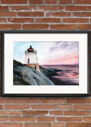 Акварель маяк на фоне розового неба на закате