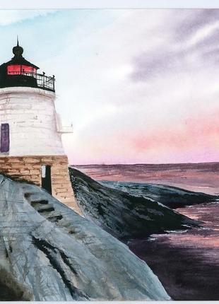 Акварель маяк на фоне розового неба на закате